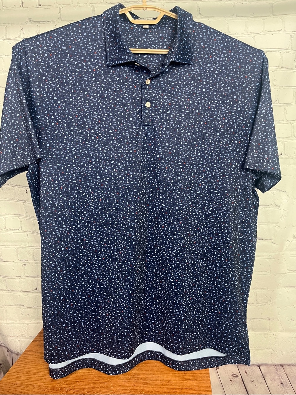 Peter Millar Polo Shirt Mens L Navy Blue Geometric Summer Comfort Poker Shark